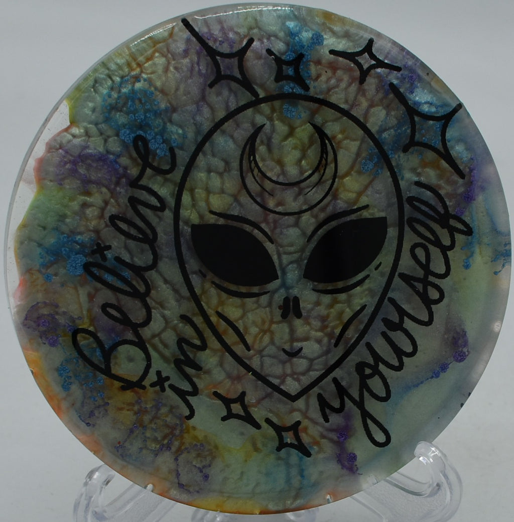 Personalized disc golf mini marker showcasing unique style at Northwood Black Disc Golf Course in Morton, Illinois.