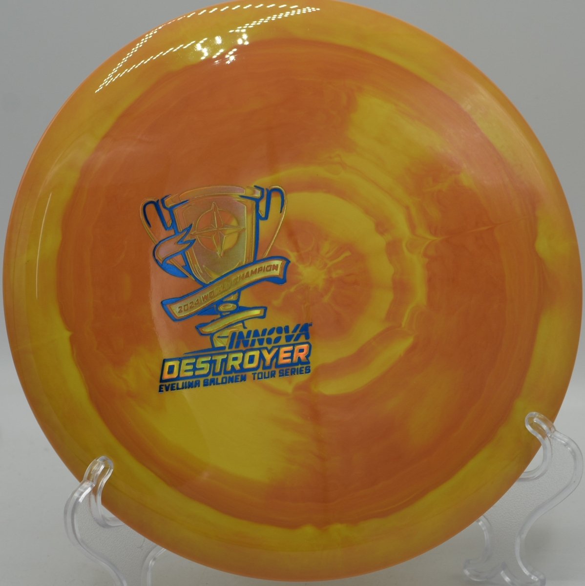 Innova Proto Glow Halo Champion Destroyer showcased at Northwood Black Disc Golf Course in Morton, Illinois, built for maximum distance and consistent finishing fade