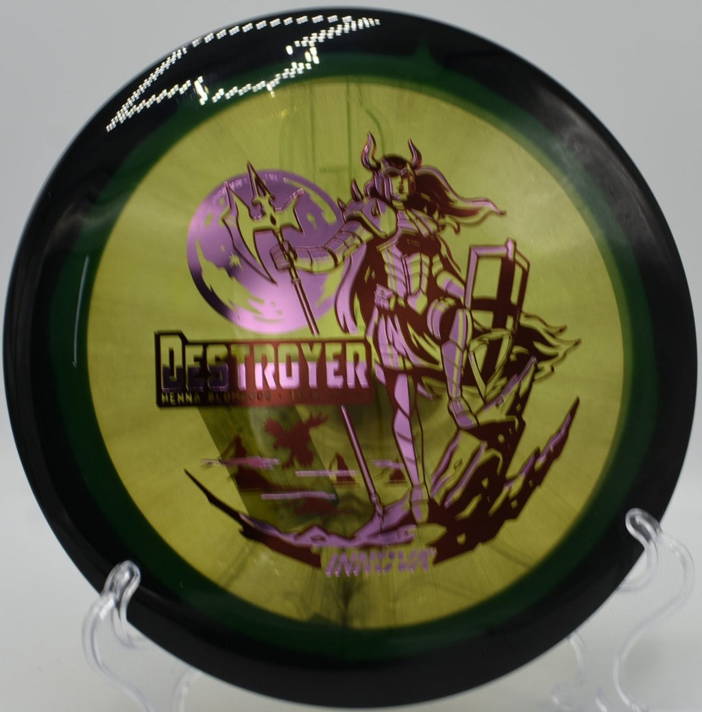 Innova Destroyer distance driver driving a long turnover shot at Idlewild Disc Golf Course in Burlington, Kentucky