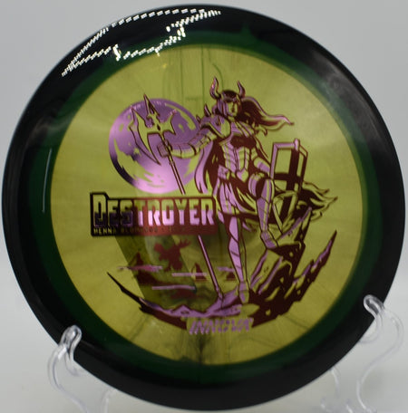 Innova Destroyer distance driver driving a long turnover shot at Idlewild Disc Golf Course in Burlington, Kentucky