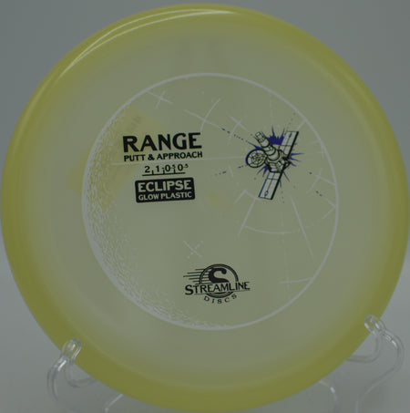 Streamline Eclipse Glow Range glowing in the night sky at Rollin Ridge Disc Golf Course in Reedsville, Wisconsin.