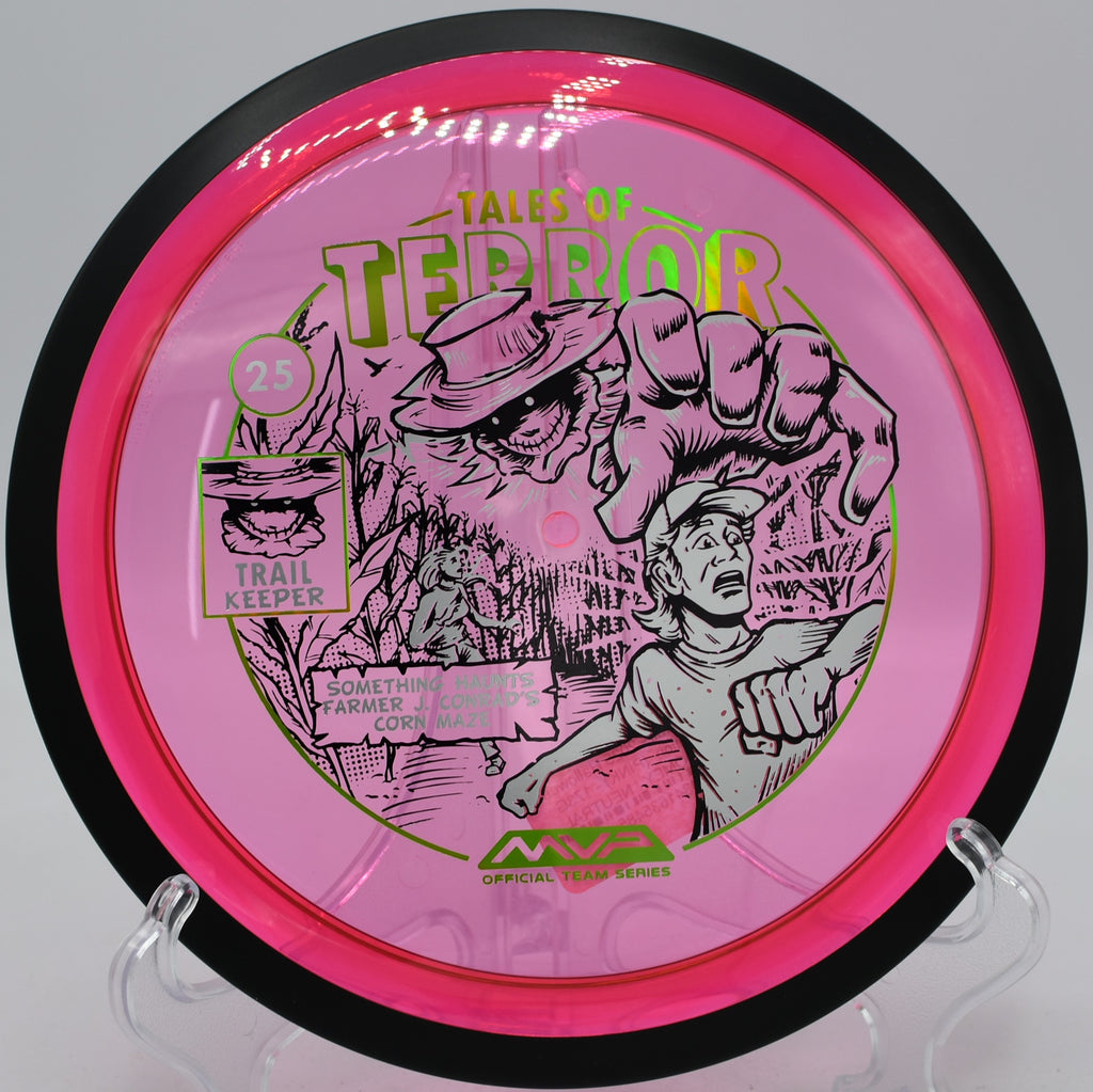 Proton plastic MVP Trail Halloween disc thrown over water at The Rock at Stonewall DGC in Laurens, South Carolina
