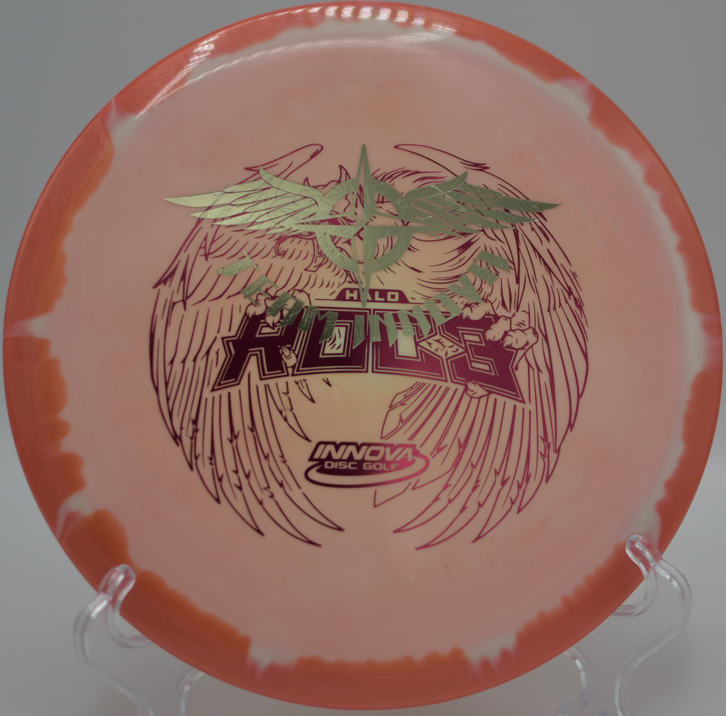 Halo Star Roc3 Team Stamp gliding toward the pin on a controlled hyzer line at Maple Hill Disc Golf Course in Leicester, Massachusetts.