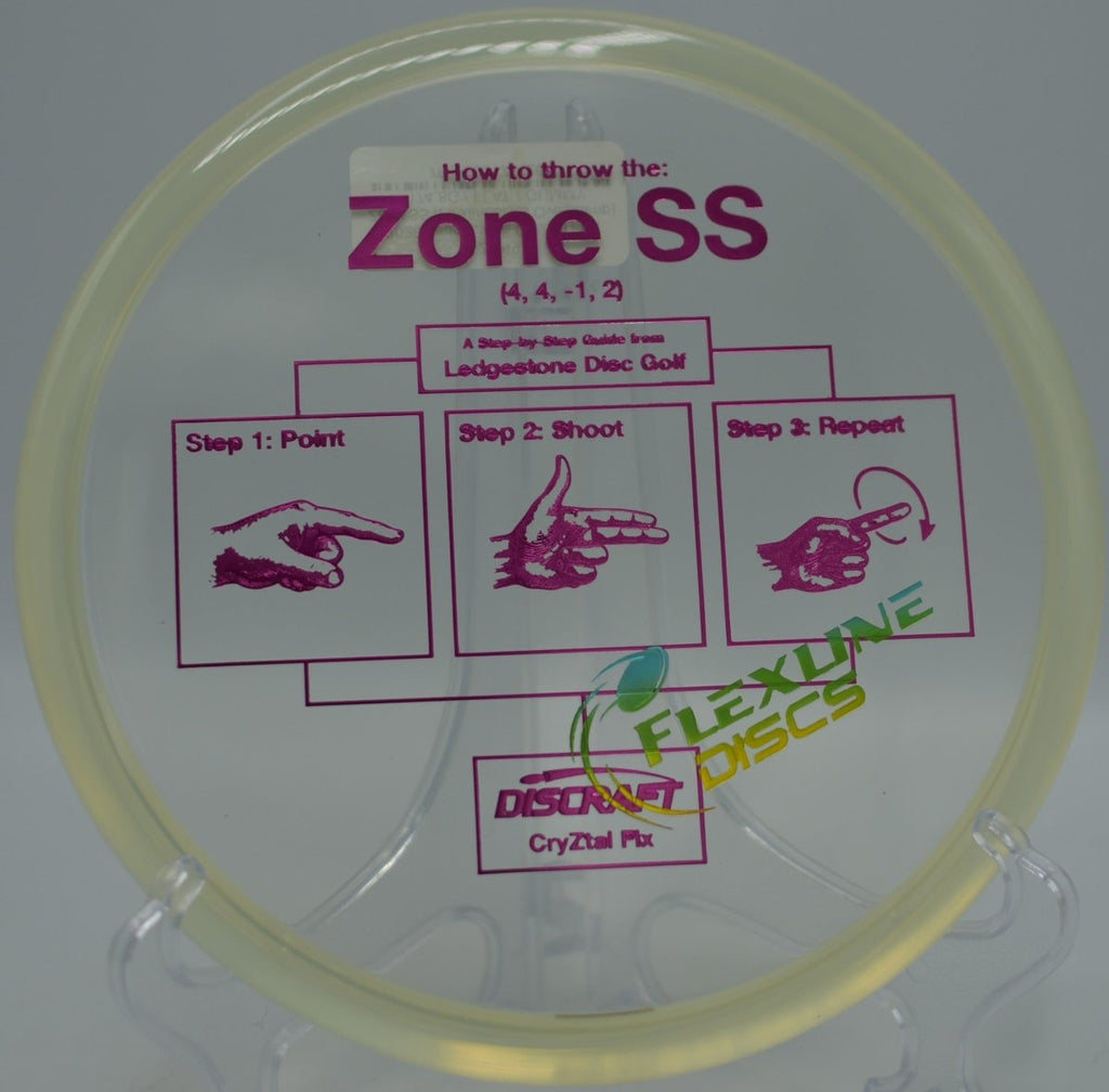 Discraft Zone SS in CryZtal FLX plastic flying straight through calm air at Donner Ski Ranch Disc Golf Course in Norden, California