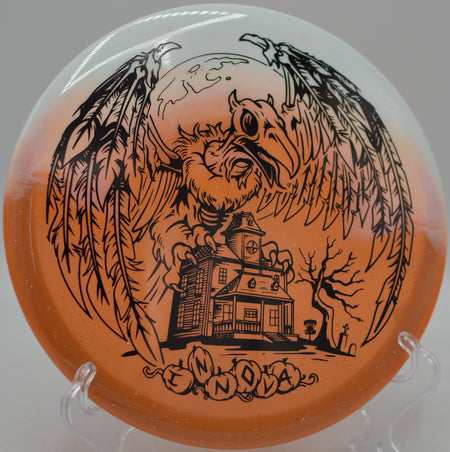 Halloween Duo Roc3 parked under the basket after a stable approach at Hornets Nest Disc Golf Course in Charlotte, North Carolina.