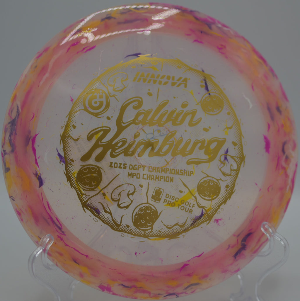 Calvin Heimburg Commemorative Destroyer flying flat and stable through the trees at Jacksonville Baldwin Trail Disc Golf Course in Jacksonville, Florida.