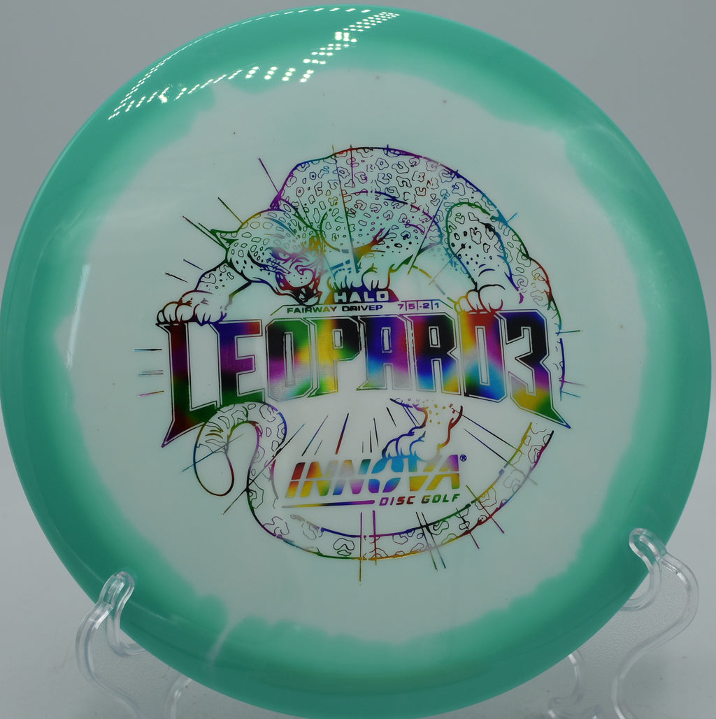 Innova Halo Star Leopard3 disc gliding on a controlled fairway line at Stafford Lake Disc Golf Course in Novato, California