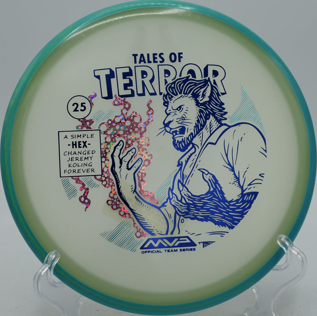 Glow-rimmed Halloween Hex carving right-finishing line at Tap In Disc Golf Course, Sherwood, Arkansas