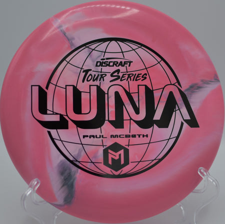 Paul McBeth Swirl ESP Luna – 2022 Tour Series floating on a smooth, stable approach at Maple Hill Disc Golf Course in Leicester, Massachusetts, highlighting its premium grip and dependable fade.