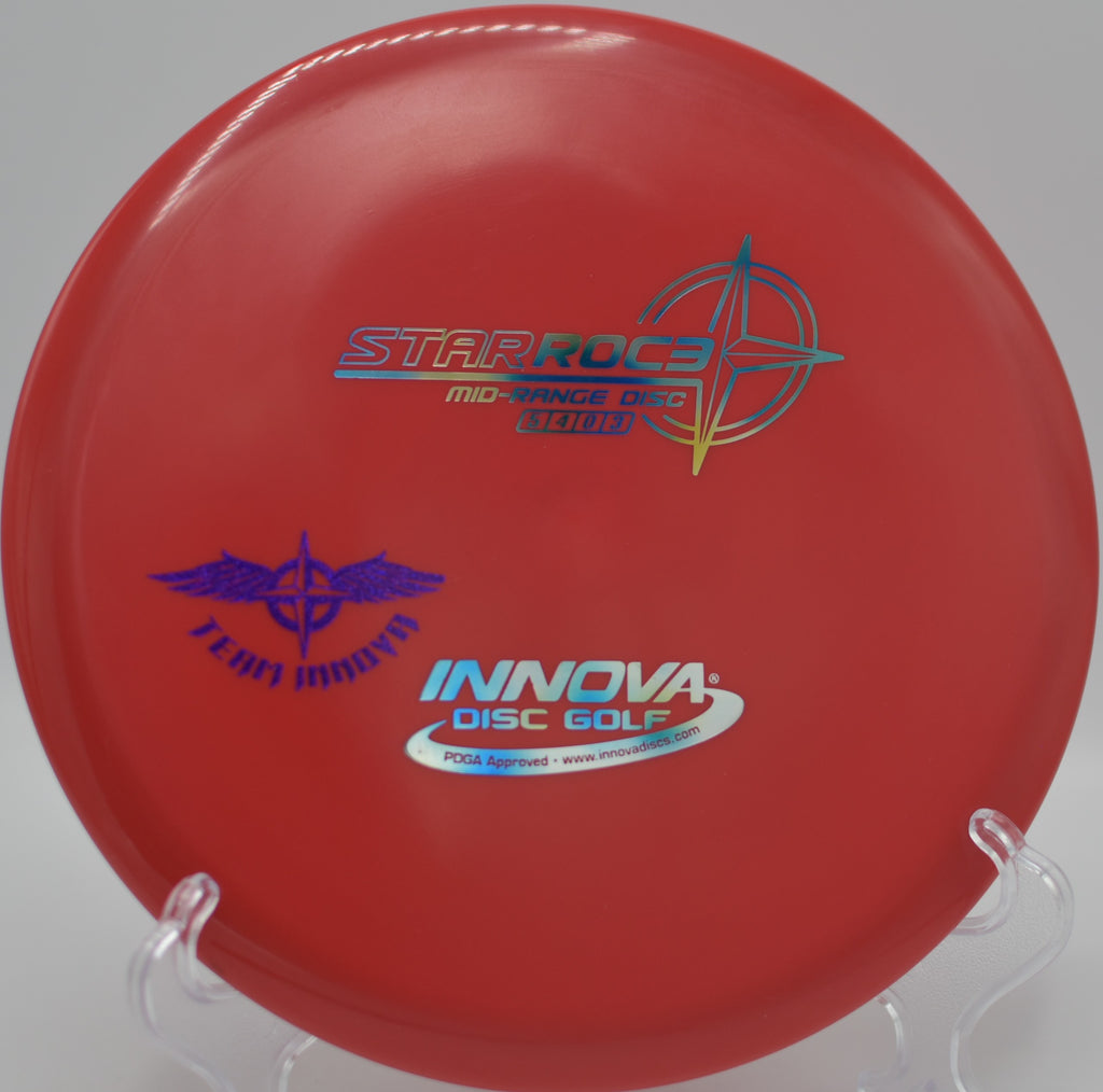 Innova Star Roc3 (Team Stamp) gliding on a straight midrange line with dependable fade at North Cove Disc Golf Course in Marion, North Carolina.