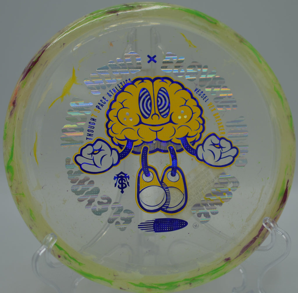 Player releasing a full-power backhand with the Breaker Vessel at Rockburn Branch Park Disc Golf Course in Elkridge, Maryland.