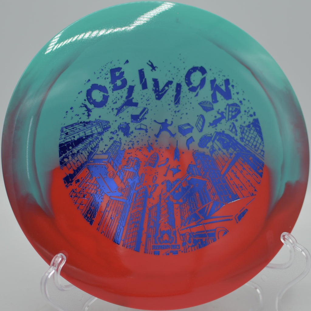 Retina Oblivion by Doomsday Discs soaring long with predictable fade at DeLaveaga Disc Golf Course in Santa Cruz, California.