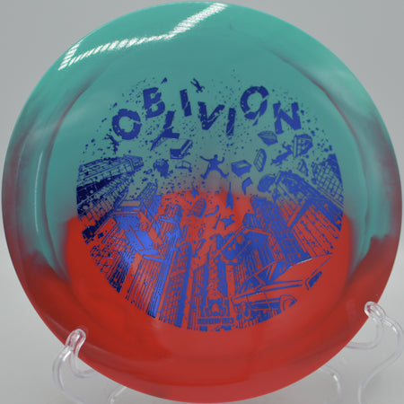 Retina Oblivion by Doomsday Discs soaring long with predictable fade at DeLaveaga Disc Golf Course in Santa Cruz, California.