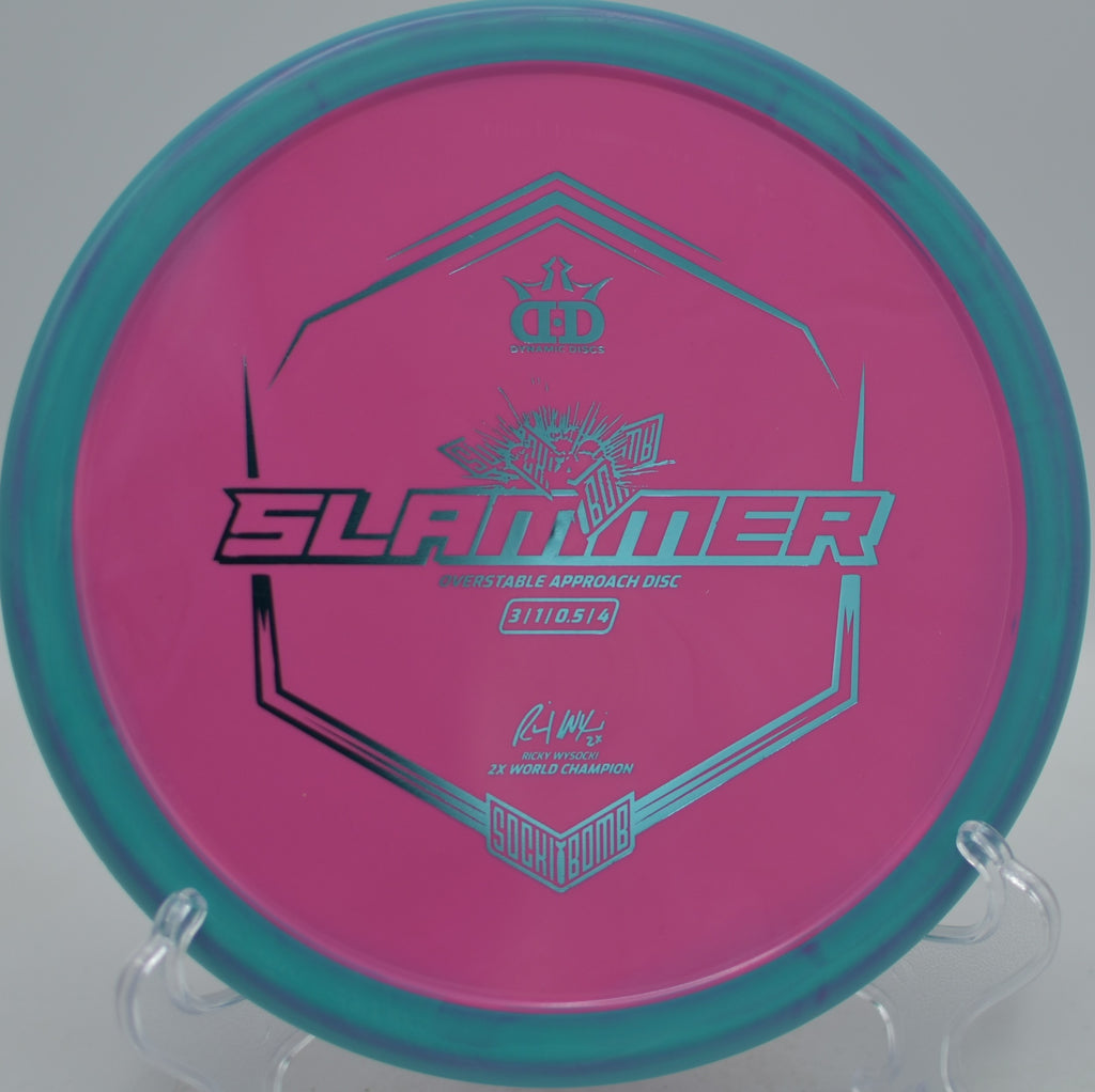 Ricky Wysocki Sockibomb Slammer thrown on a smooth backhand hyzer at Harmon Hills Disc Golf Course in Fall Branch, Tennessee.