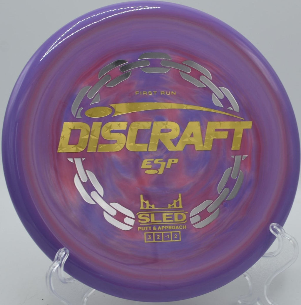 ESP First Run Sled stable upshot landing softly near basket at Zilker Park Disc Golf Course in Austin, Texas