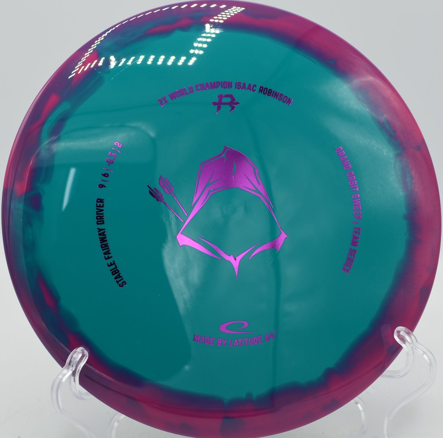 Grand Orbit Sweep Latitude 64° Isaac Robinson 2025 signature driver shredding wooded fairways at Northwood Black Disc Golf Course in Morton, Illinois.