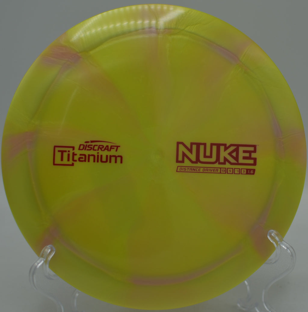 Titanium Nuke finishing with strong fade near the pin at The Fort Disc Golf Course in Ogden, Utah.