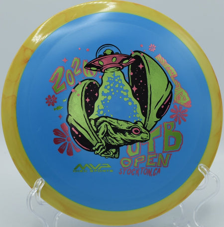 Axiom Fission Delirium OTB Open special edition driver on dirt fairway at North Boundary Disc Golf Course in Cranberry Township, Pennsylvania