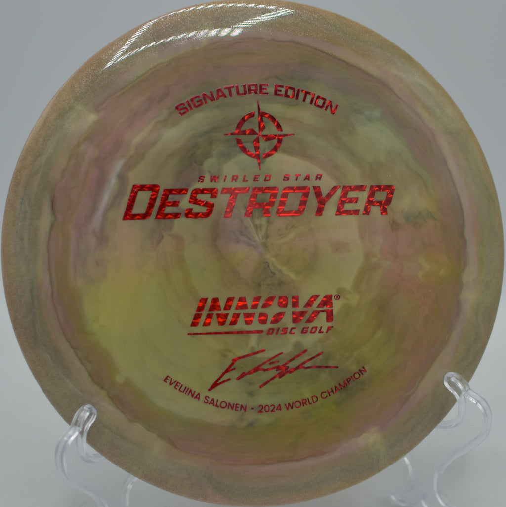 Swirled Star Destroyer finishing with strong fade into the landing zone at Stafford Lake Disc Golf Course in Novato, California.