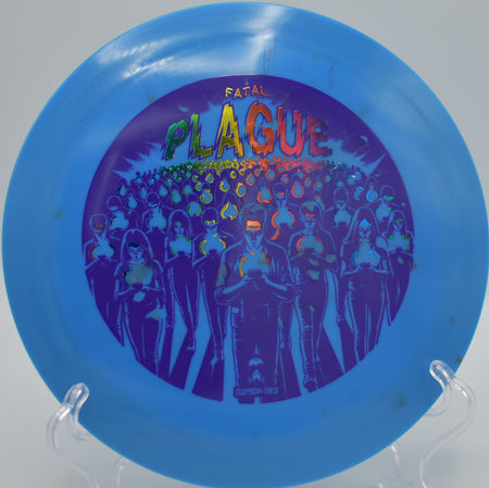 Fatal Plague launching a long-distance hyzer at Cedar Beach DGC in Babylon, NY, gliding wide and fading hard toward the fairway center.