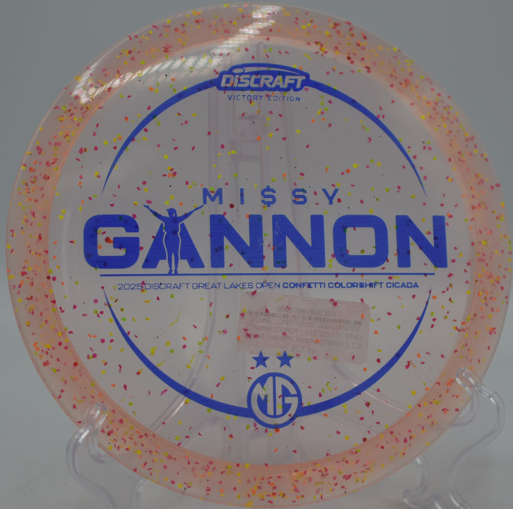 Missy Gannon Victory Edition Confetti Cicada gliding long with understability at Blue Ribbon Pines Disc Golf Course in East Bethel, Minnesota.