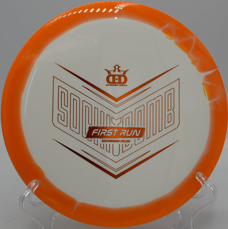 Dynamic Discs Supreme Orbit Sockibomb Felon First Run overstable fairway driver ripping a flex line at Maple Hill Disc Golf Course in Leicester, Massachusetts.