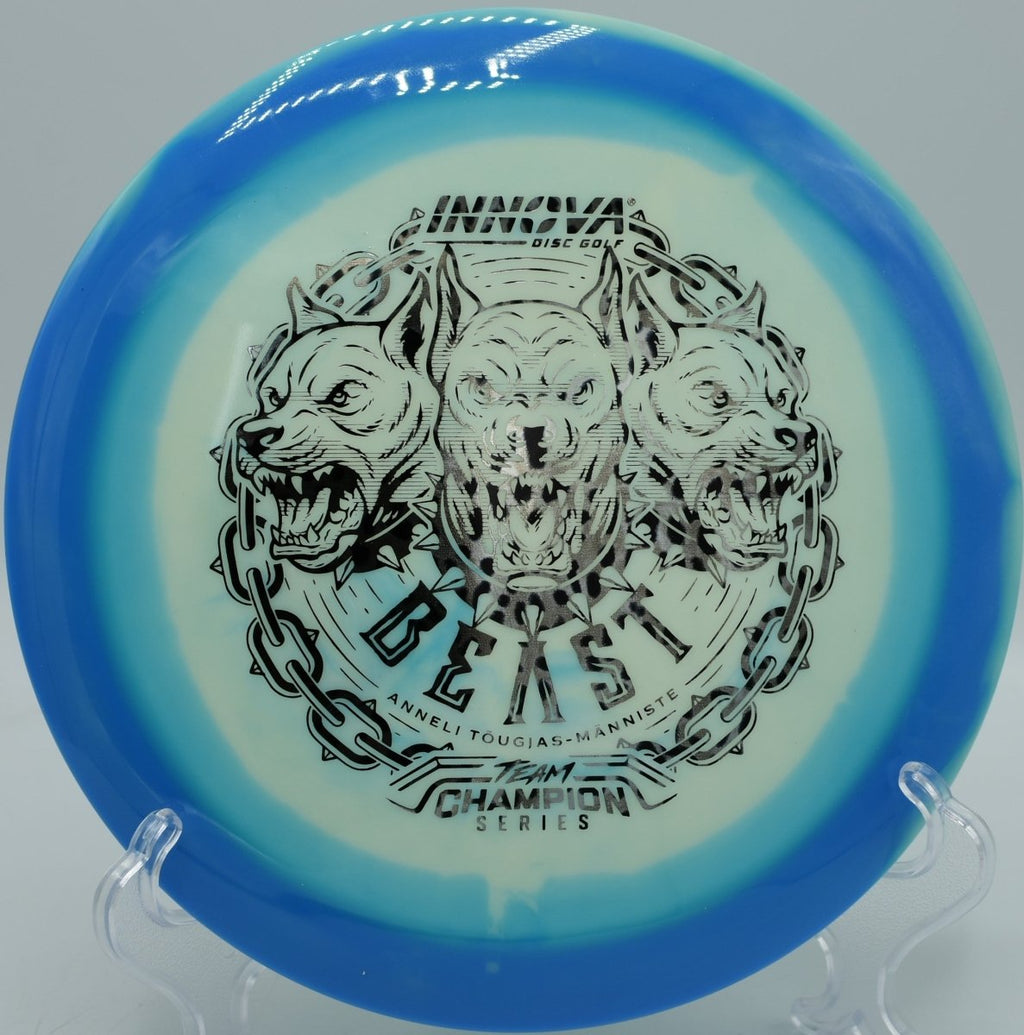 Innova ProtoGlow Halo Star Beast distance driver holding power line at Hornets Nest Park Disc Golf Course North Carolina