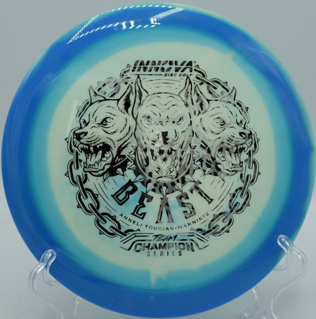 Innova ProtoGlow Halo Star Beast distance driver holding power line at Hornets Nest Park Disc Golf Course North Carolina