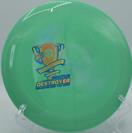Proto Glow Halo Champion Destroyer Tour Series driver at The Fort Disc Golf Course in Ogden, Utah, engineered for elite disc golf distance and shot-shaping control