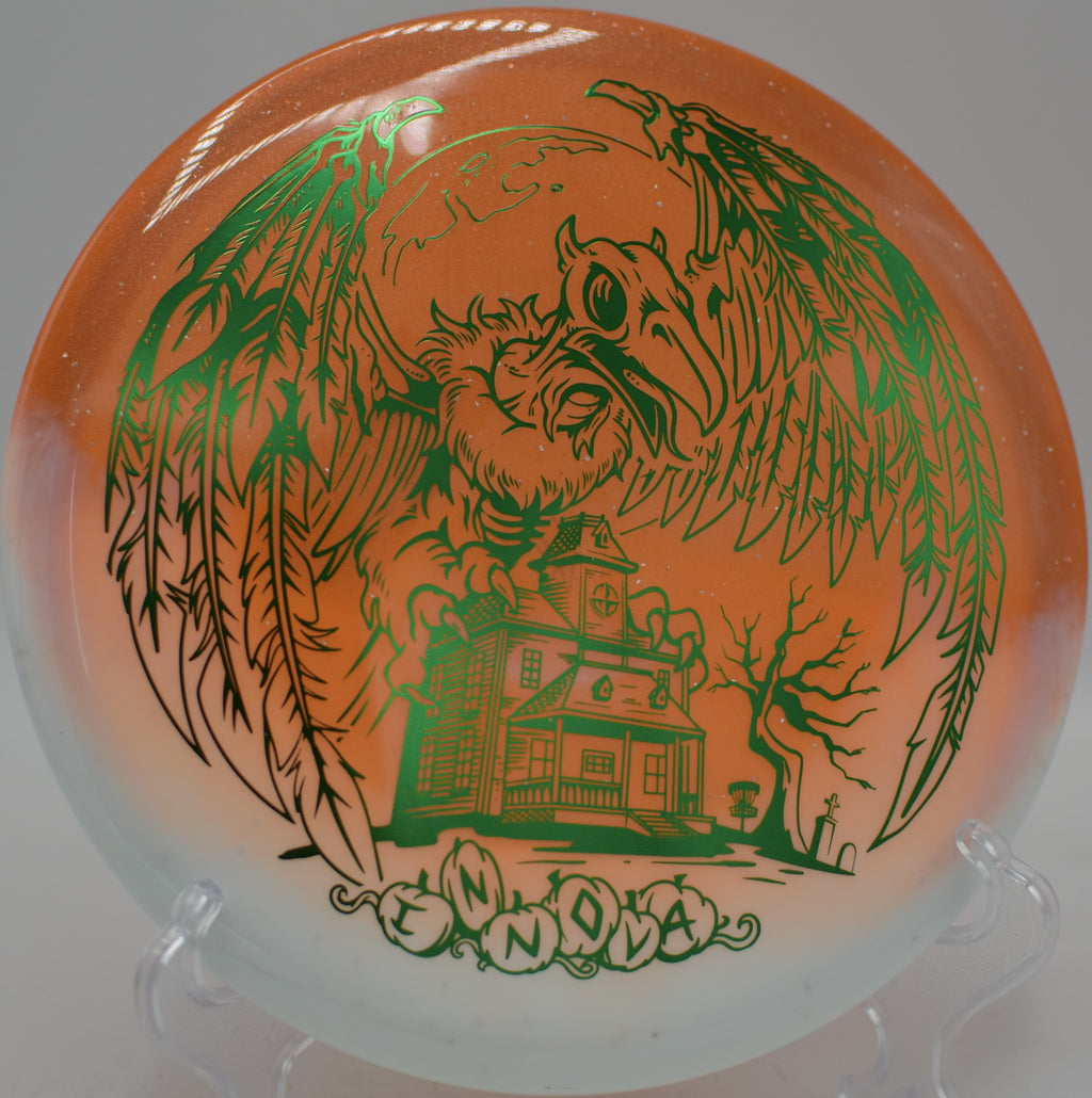 Halloween Duo Roc3 thrown forehand on a placement shot at Token Creek Disc Golf Course in Madison, Wisconsin.
