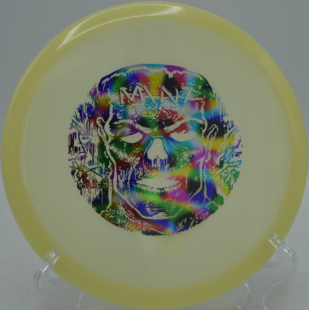 Glow-in-the-dark Mint Lobster floating on a perfect straight line at Idlewild Disc Golf Course in Burlington, Kentucky.