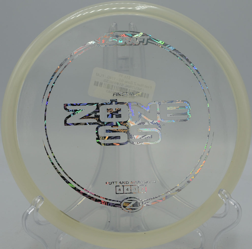Discraft First Run Z Zone SS mid-flight with slight fade at Milo McIver in Estacada, OR