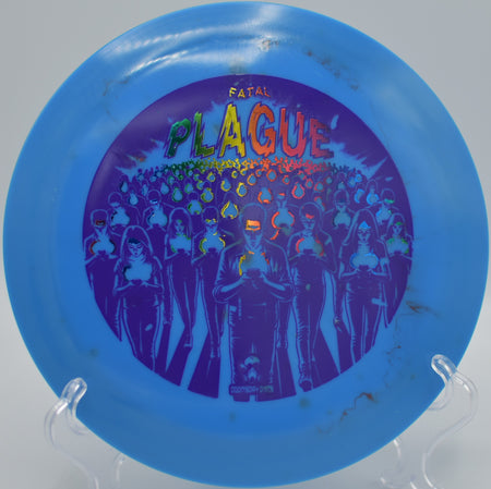 Doomsday Fatal Plague firing a high-speed forehand at Pawhuska Lake DGC in Pawhuska, OK, resisting torque and finishing strong.