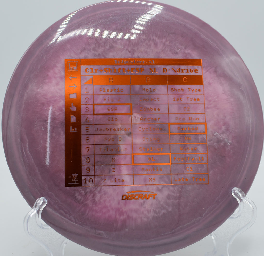 Colorshift ESP XL posed on the tee pad at Water Works Park Disc Golf Course in Kansas City, Missouri