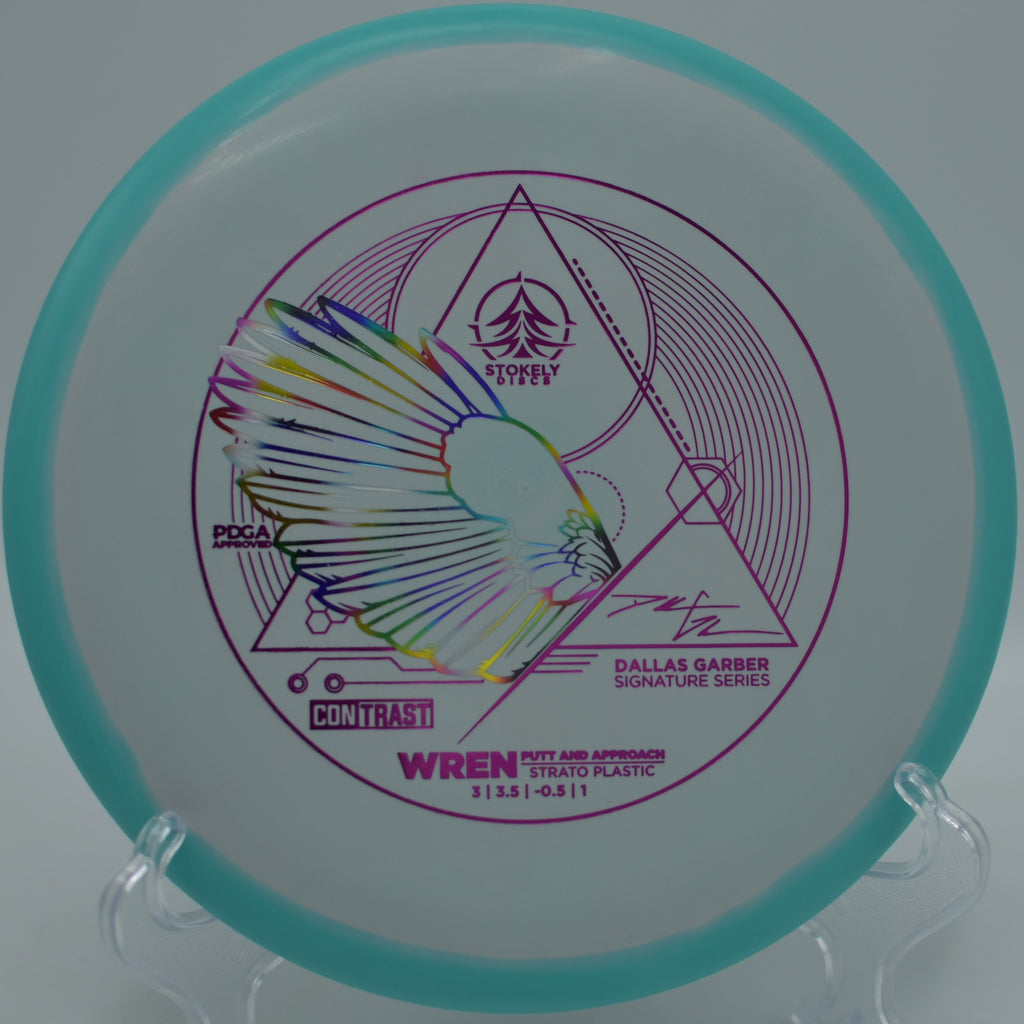 Stokely Discs Signature Strato Wren gliding straight with light fade at Barfield Crescent Park Disc Golf Course in Murfreesboro, Tennessee.