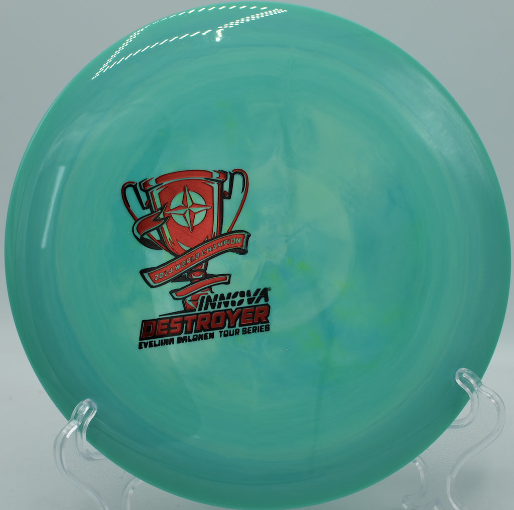 Innova Destroyer Ohn Scoggins signature glow driver featured at Brewster Ridge Disc Golf Course in Smugglers' Notch, Vermont, excelling on long wooded fairway drives