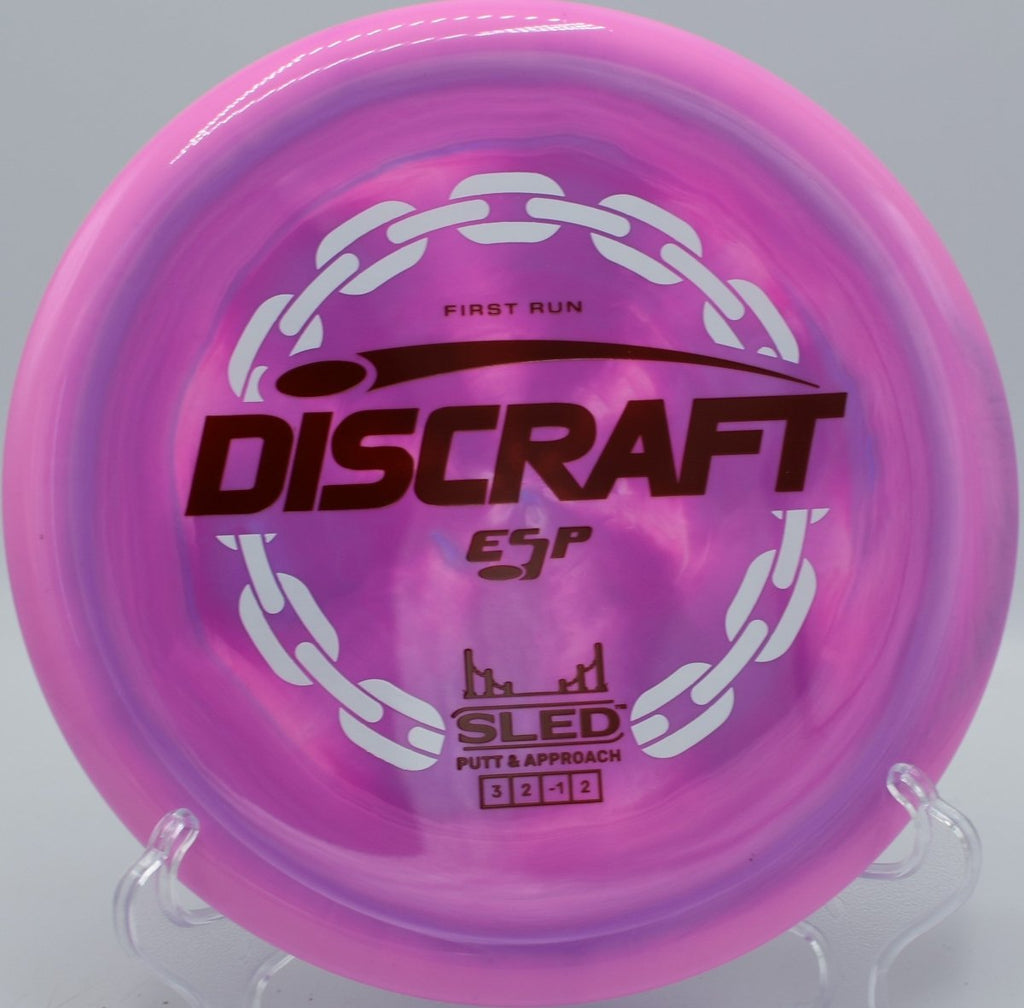 Discraft ESP First Run Sled finesse putter shot on technical hole at Blue Ribbon Pines Disc Golf Course in East Bethel, Minnesota