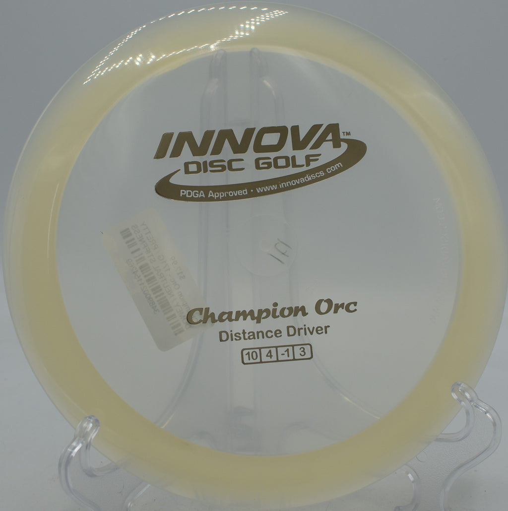 Disc golfer ripping a Champion Orc into a headwind for max distance at Tom Pearce Park in Grants Pass, OR