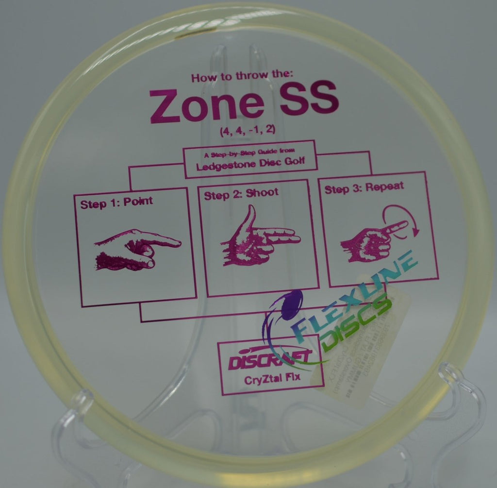 Discraft CryZtal FLX Zone SS handling a controlled anhyzer approach at Lester Lorch Disc Golf Course in Cedar Hill, Texas