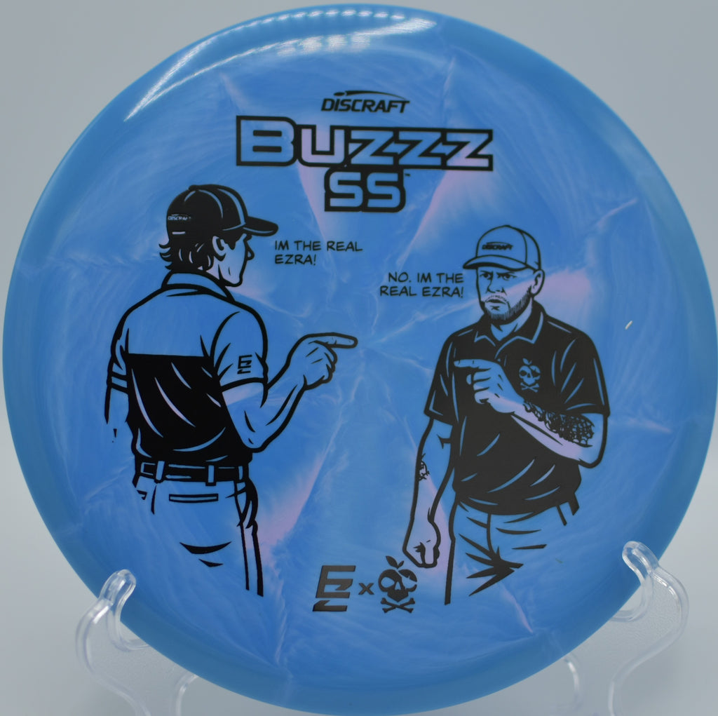 ESP Buzzz SS Aderhold & Robinson collaboration gliding on a slow turnover line at Northwood Black Disc Golf Course in Morton, Illinois.