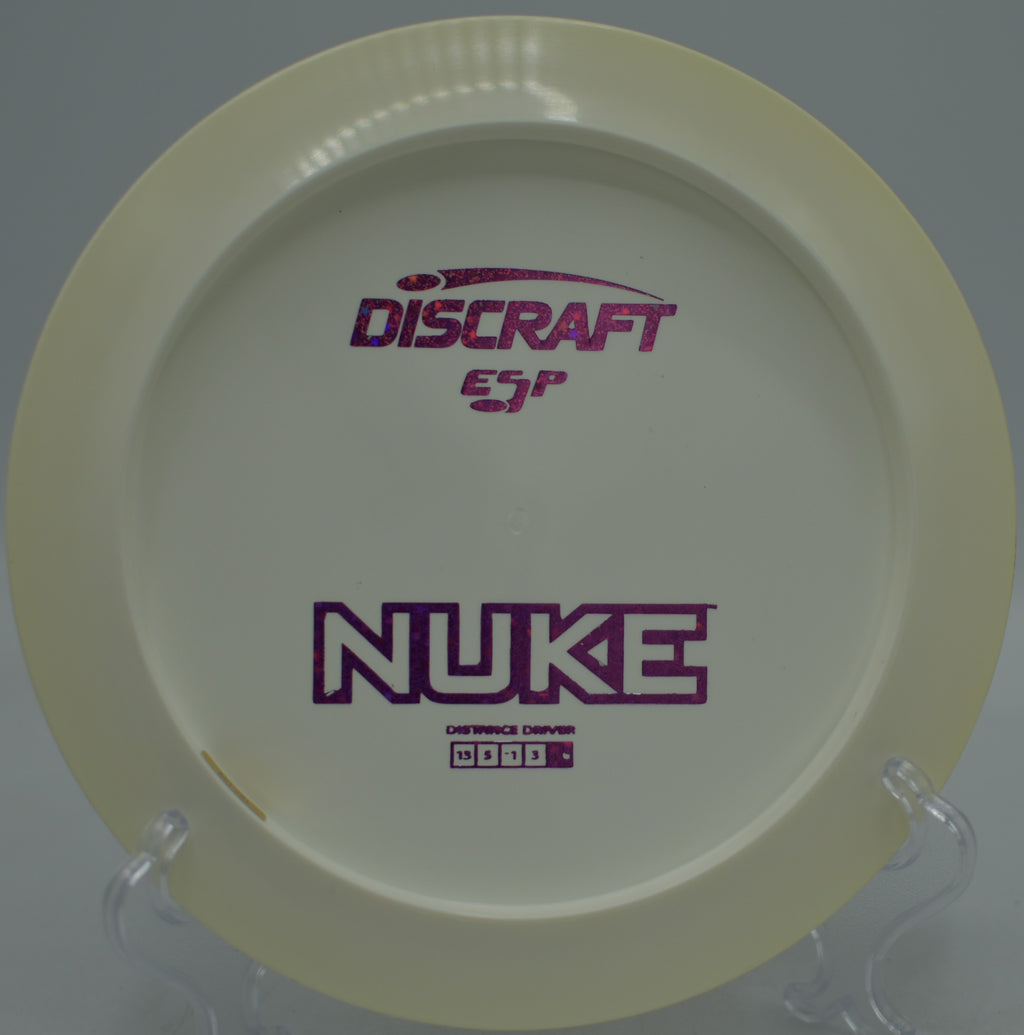 ESP Nuke flying long and straight with late fade at Blue Ribbon Pines Disc Golf Course in East Bethel, Minnesota.