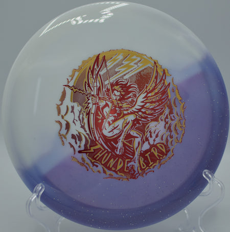 Innova Duo Thunderbird ripping a forehand laser at Cedarock Park DGC in Burlington, NC, showcasing its torque-resistant Champion half on the release.