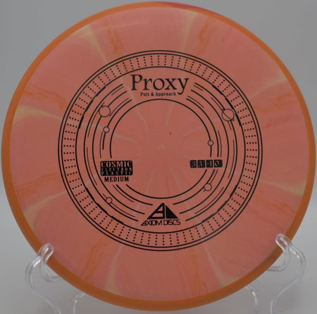 Cosmic Electron Proxy putter from Axiom gliding smoothly on a touch approach shot at Roy G Guerrero Disc Golf Course in Austin, Texas