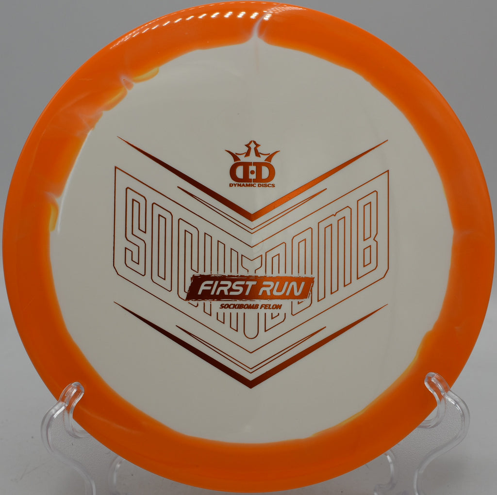 Supreme Orbit Sockibomb Felon First Run Dynamic Discs driver battling headwinds at Idlewild Disc Golf Course in Burlington, Kentucky.