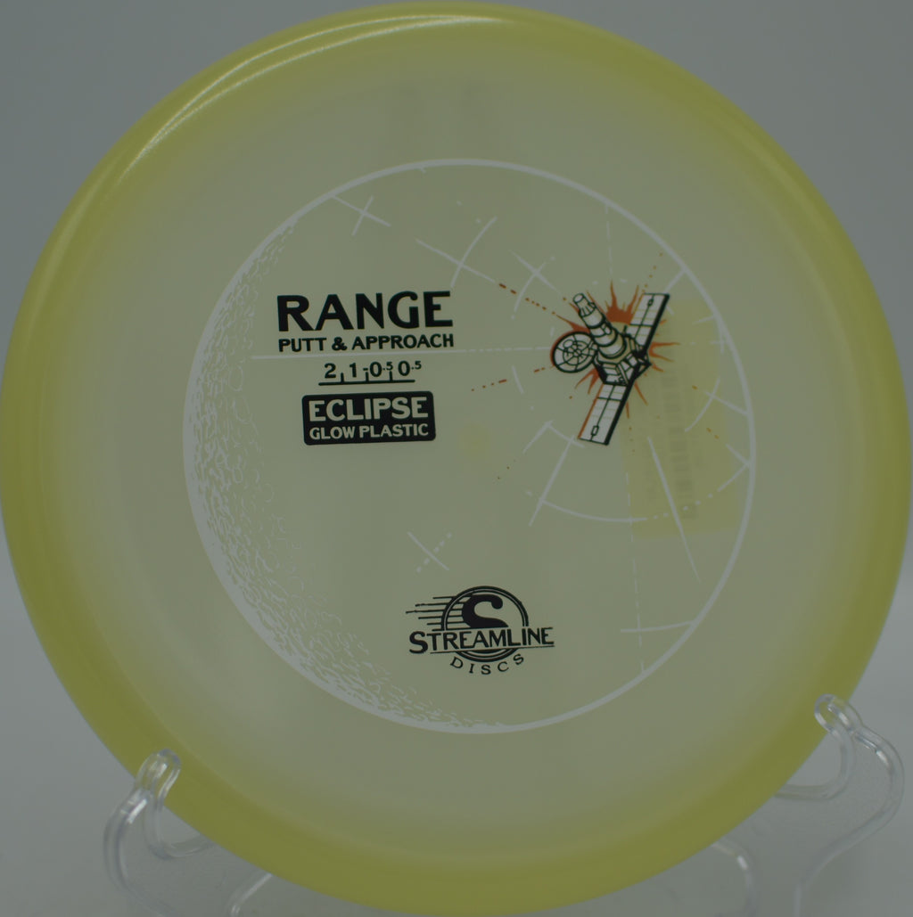Eclipse Glow Range settling softly on a short hyzer approach at North Cove Disc Golf Course in Marion, North Carolina.