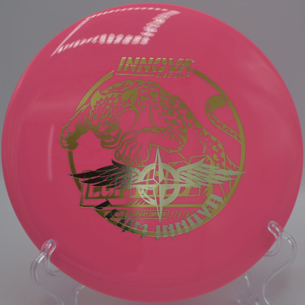 Innova Star Leopard3 (Team Stamp) gliding on a smooth turnover line at Sabattus Disc Golf Complex in Sabattus, Maine.