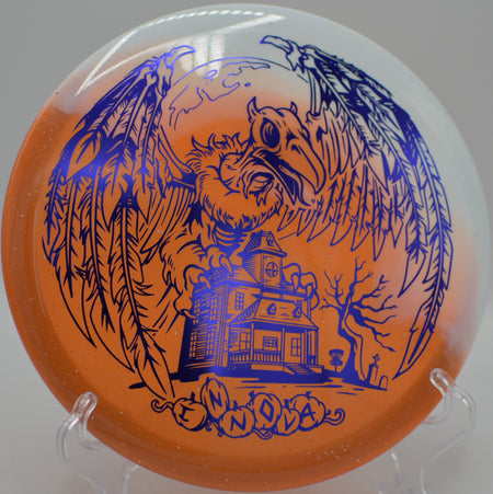 Innova Halloween Duo Roc3 on a clean hyzer release at Veterans Park Disc Golf Course in Arlington, Texas.