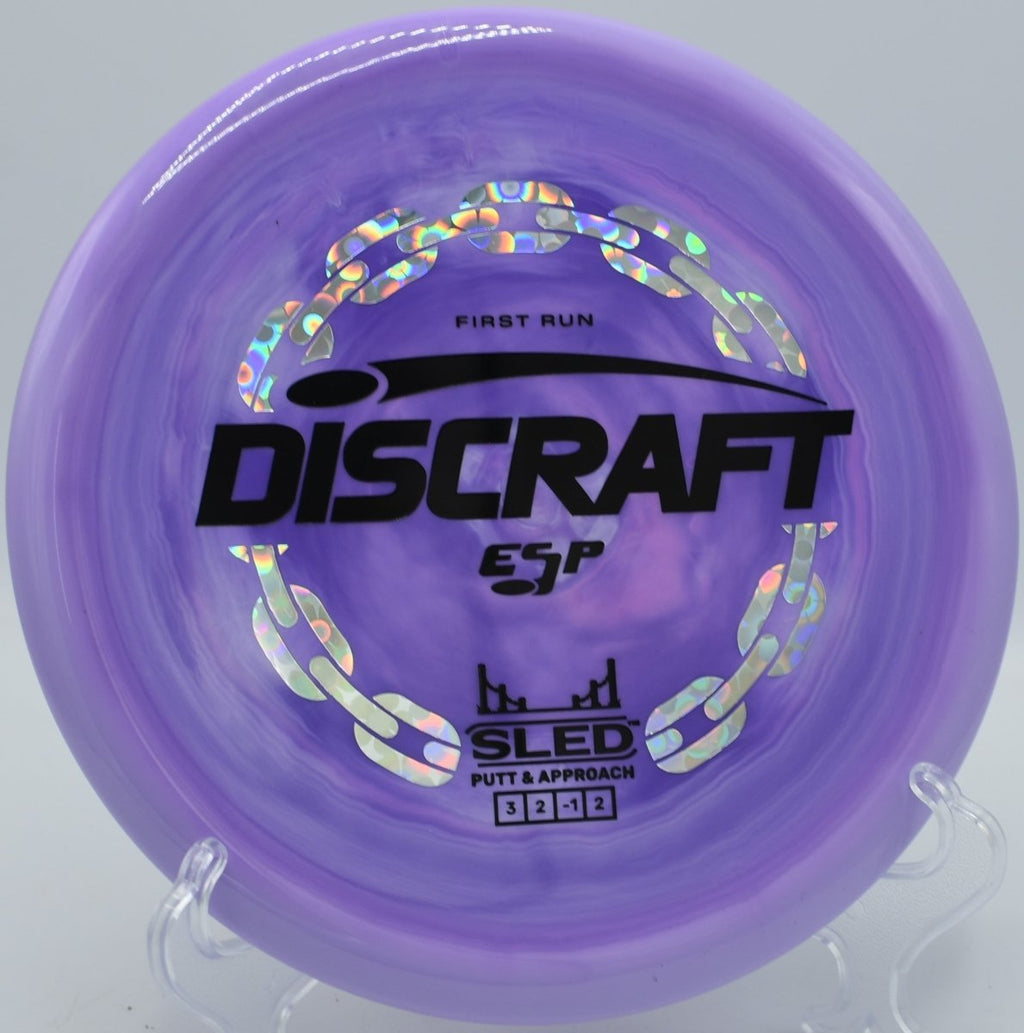 ESP First Run Sled straight flight putter shot near guarded basket at Lakewood Hills Disc Golf Course in White Bear Lake, Minnesota