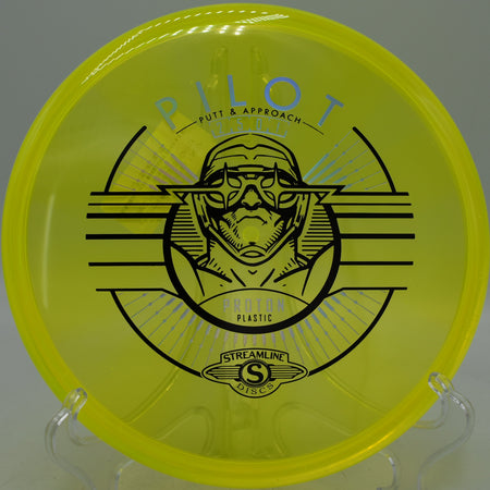 Proton Pilot held on a smooth hyzer putt at Tyler State Park Disc Golf Course in Newtown, Pennsylvania.