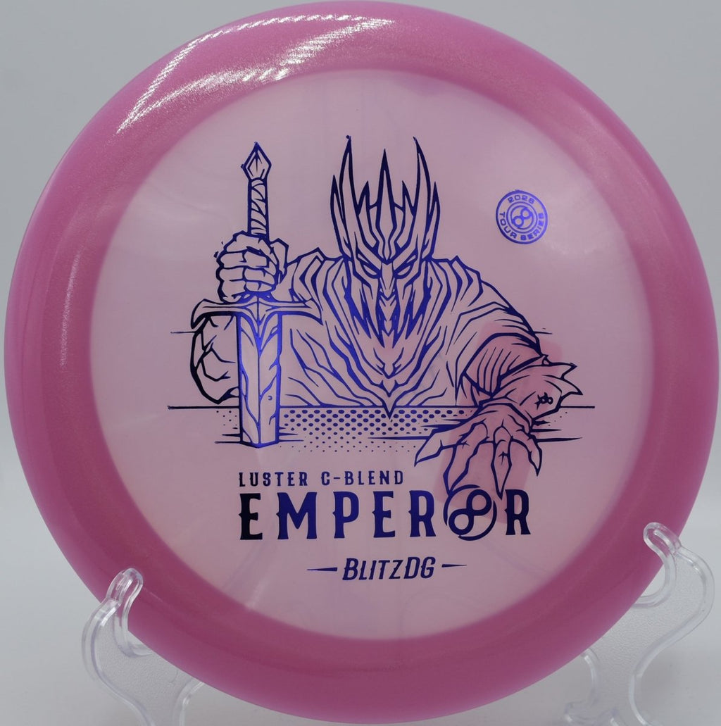 Luster C-Blend Emperor distance driver gliding toward green on a max distance line at Milo McIver State Park Disc Golf Course in Estacada, Oregon